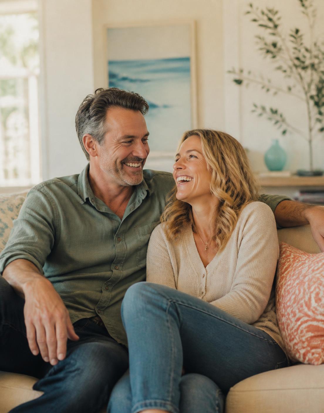 A married couple laughing together on a sofa in a bright living room